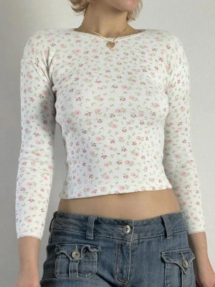 Ditsy Floral Print Crew Neck Long Sleeve Knit