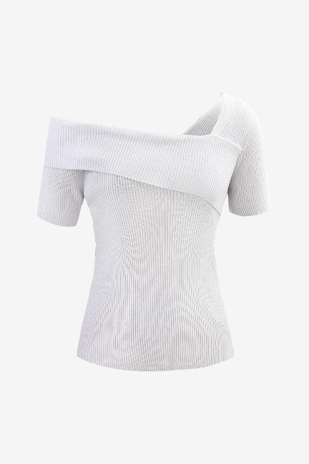 Asymmetric Shoulder Rib Knit Short Sleeve T-Shirt