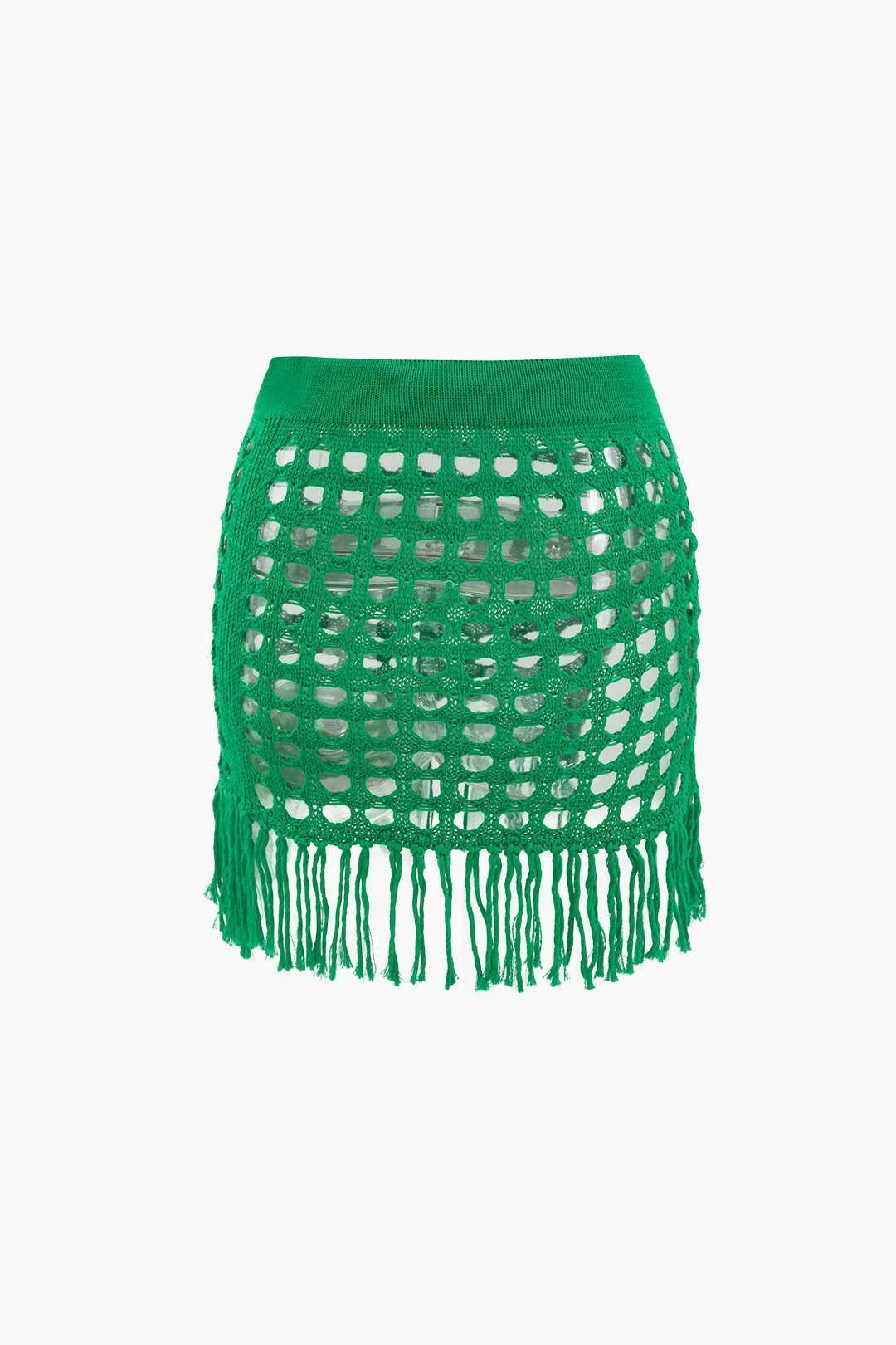 Openwork Knit Fringe Mini Skirt