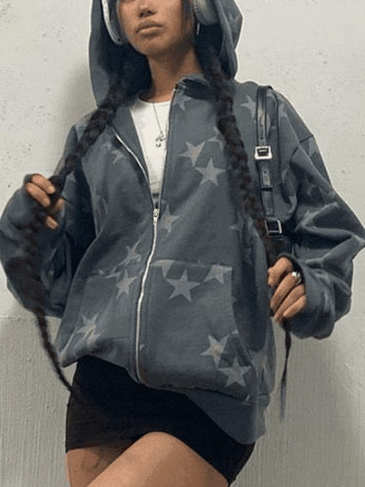 Oversized Star Print Zip Up Hoodie