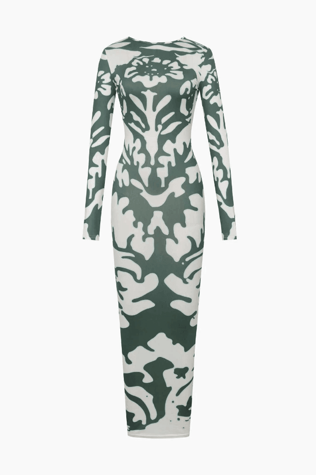 Printed Long Sleeve Backless Maxi Dress