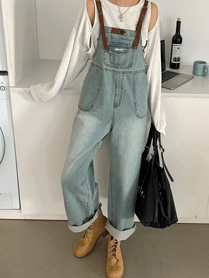 Retro Contrast Cargo Bib Jeans