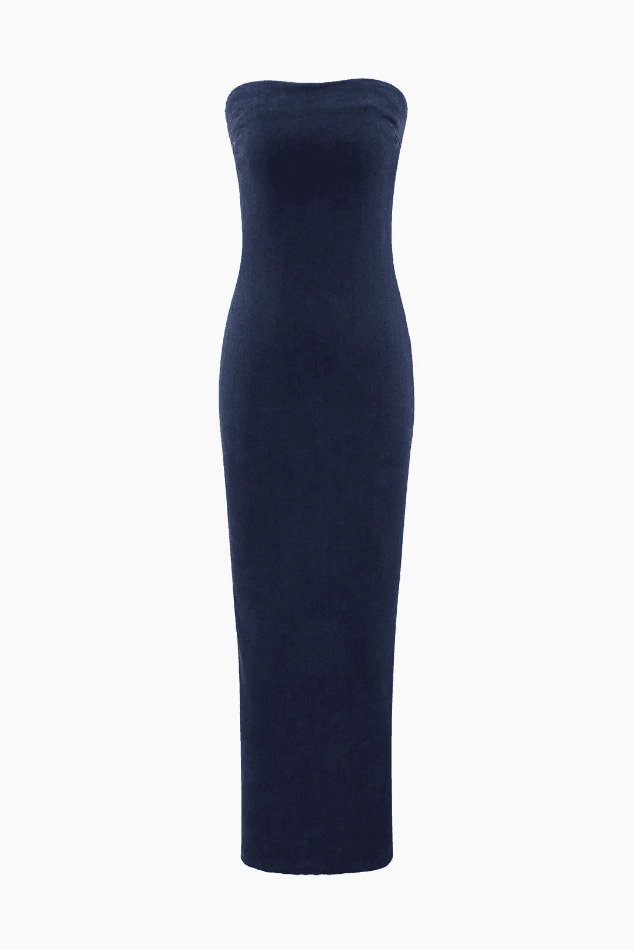 Slit Back Denim Strapless Dress