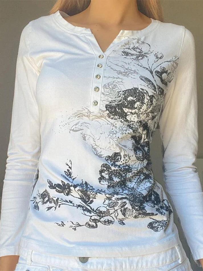 Rhinestone Floral Print Breasted Long Sleeve Tee