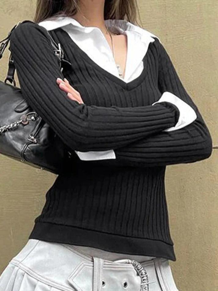 Polo Neck Splice Fake Two Piece Long Sleeve Knit