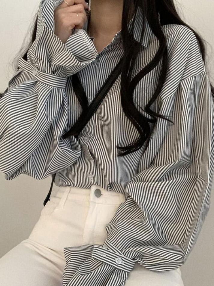 Stripe Lantern Sleeve Long Sleeve Blouse