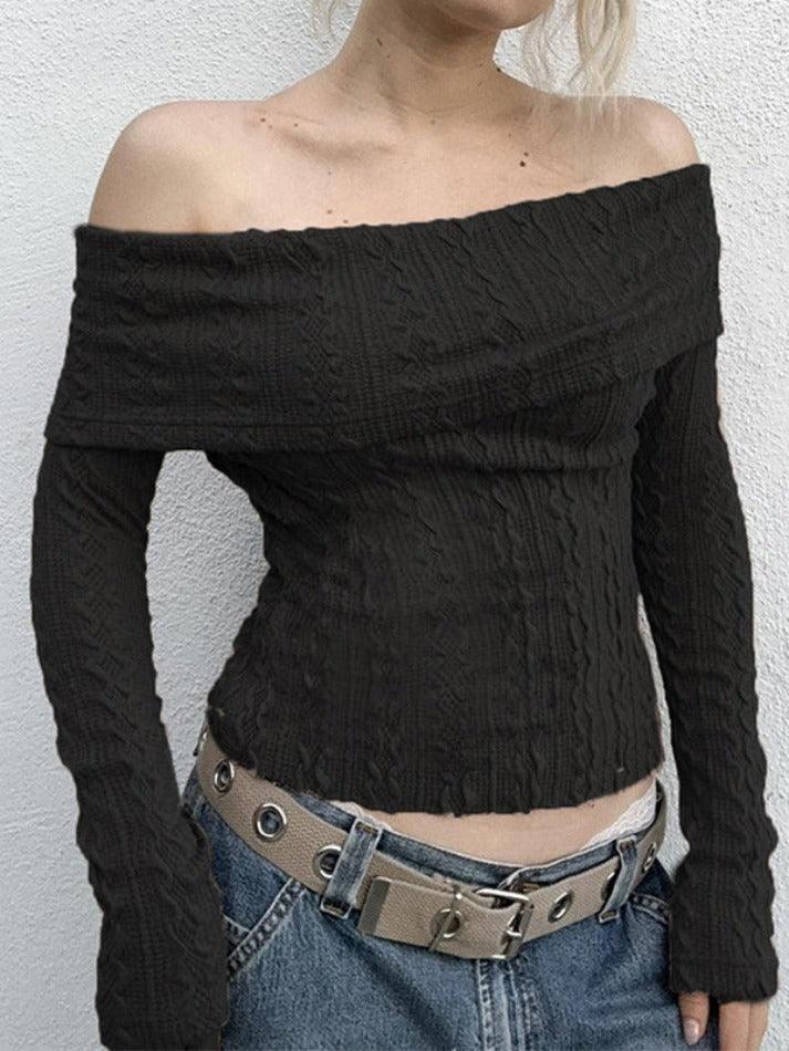 Solid Off Shoulder Slim Cable Knit Long Sleeve Knit