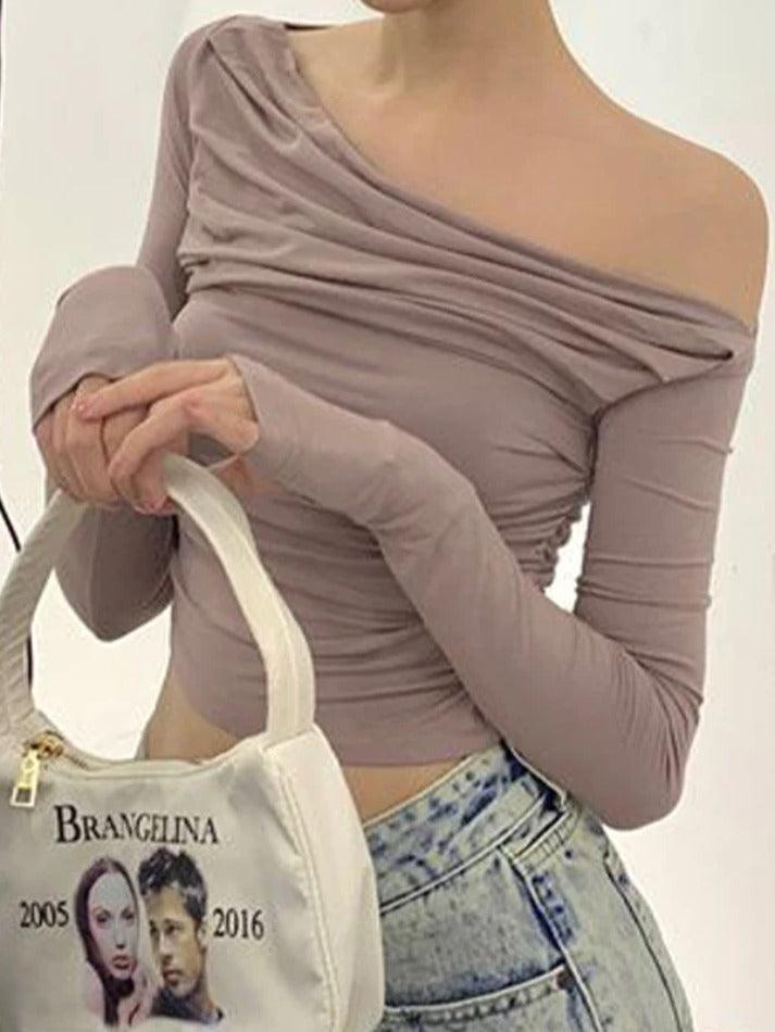 Solid Off Shoulder Asymmetric Design Long Sleeve Tee