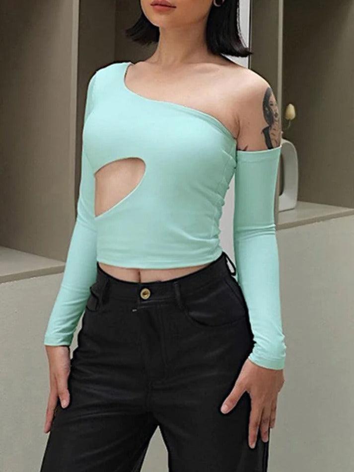 Irregular Design Cutout One Shoulder Long Sleeve Tee