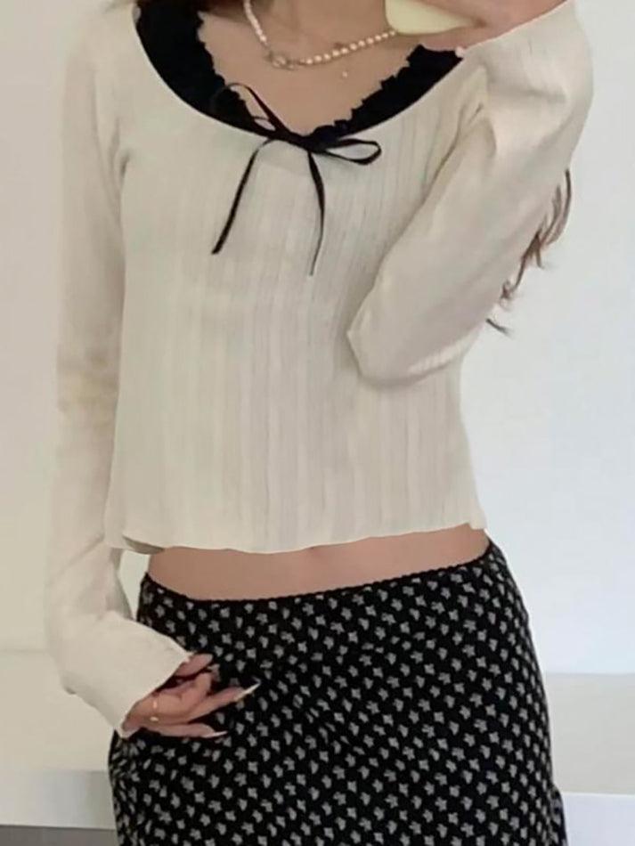 Long Sleeve Mock Two Piece Bow Accent Crop Top