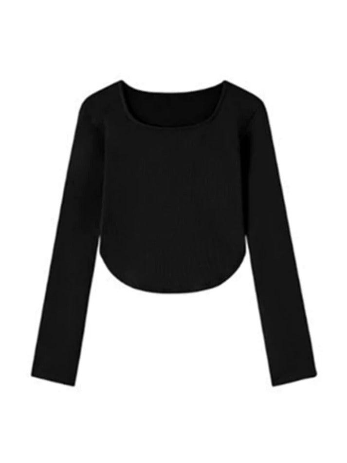 Solid Square Neck Curvy Hem Long Sleeve Tee