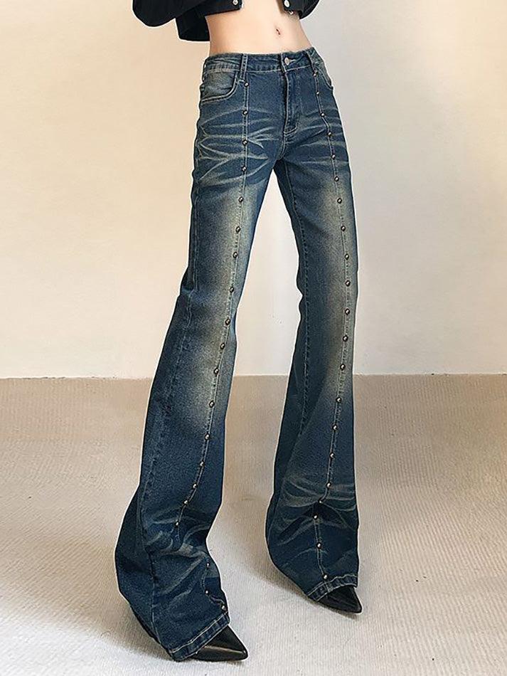 Mid Rise Washed Studded Flared Jeans