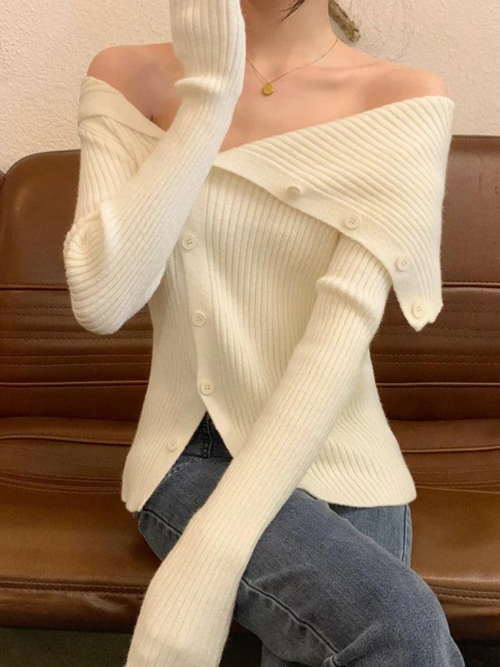 Solid Irregular Lapel Neck Off Shoulder Long Sleeve Knit