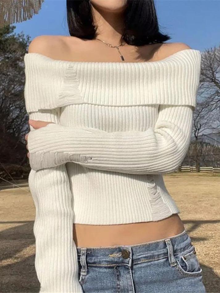 Long Sleeve Off-Shoulder Plain Ribbed-Knit Sweater