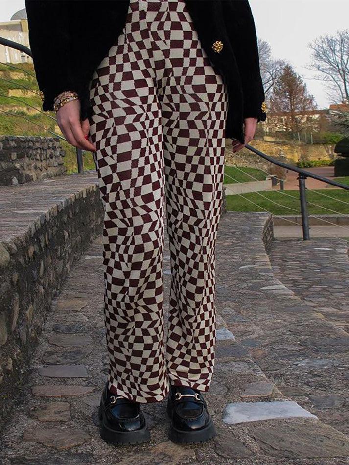 Psychedelic Checkerboard Print Wide-Leg Pants