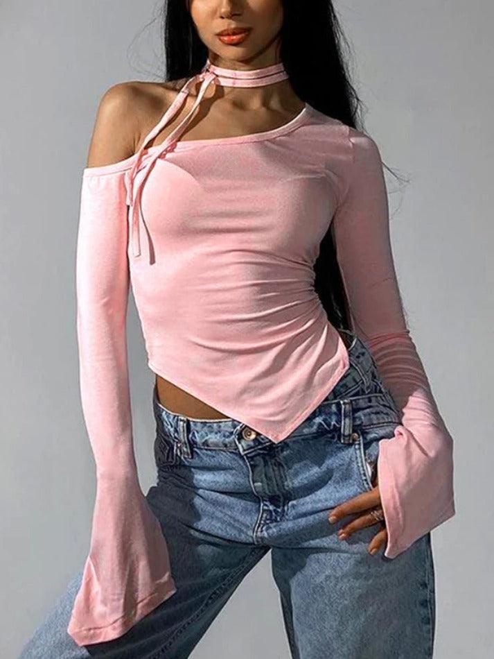 Solid Slanted Neck Ruched Irregular Hem Long Sleeve Tee