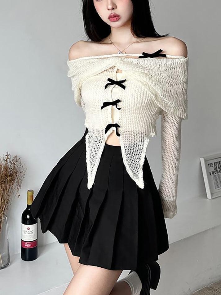 Long-Sleeve Off-Shoulder Plain Asymmetrical Bow Crop Knit Top