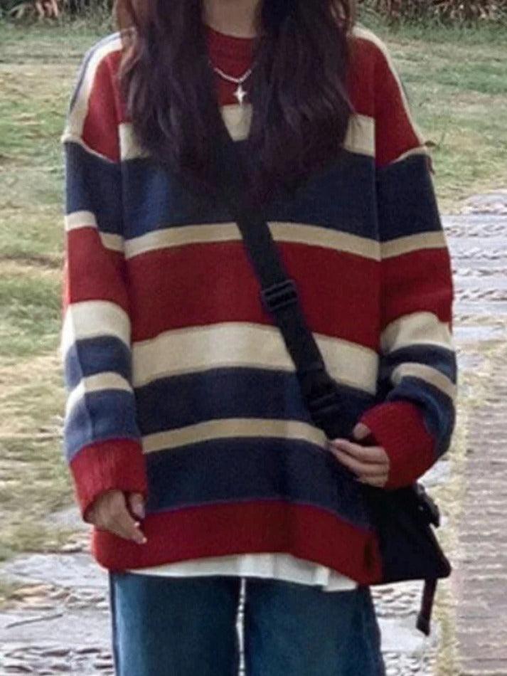 Contrast Color Stripe Splice Pullover Sweater