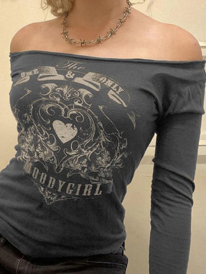 Vintage Heart Print Off Shoulder Long Sleeve Tee