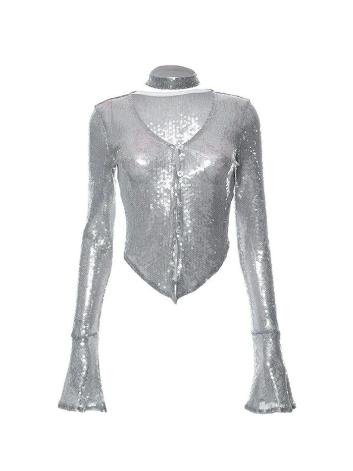 Gary Sequin V Neck Hanky Hem Long Sleeve Blouse