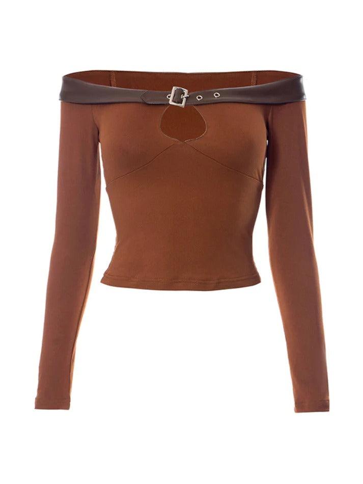 Solid Cutout Leather Splice Off Shoulder Long Sleeve Tee