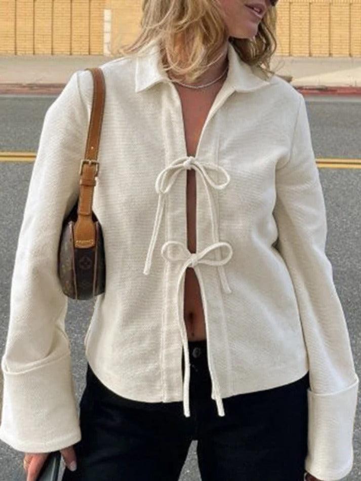 Solid Color Lace Up Cardigan Long Sleeve Blouse