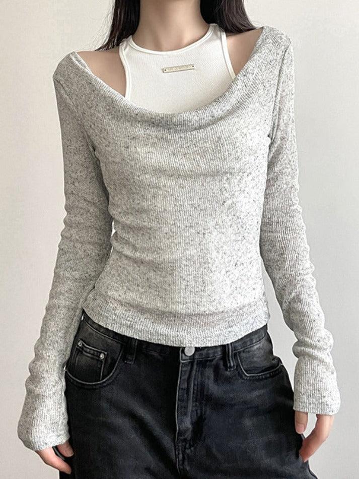 Slim Tank Top Cowl Neck Two Piece Long Sleeve Knit