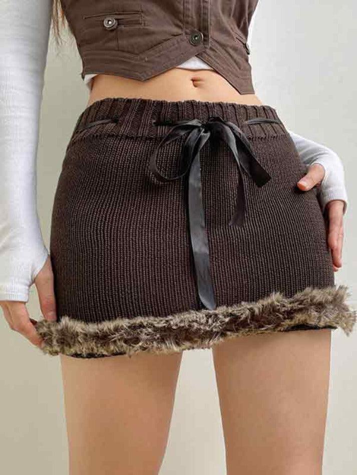 Plush Hem Ribbon Lace Up Mini Skirt