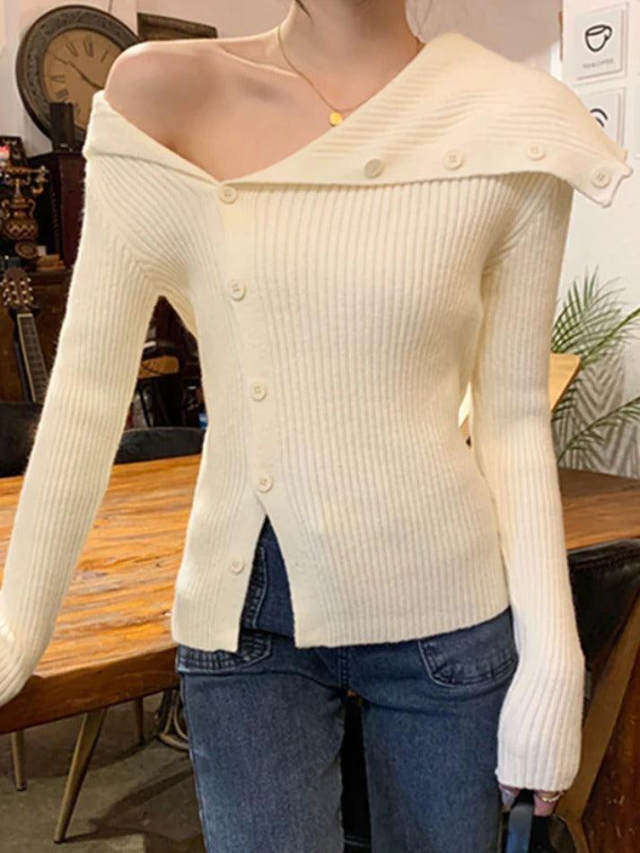 Solid Irregular Lapel Neck Off Shoulder Long Sleeve Knit