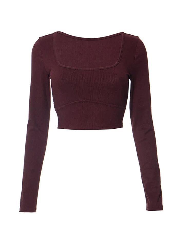 Solid Square Neck Cropped Long Sleeve Knit