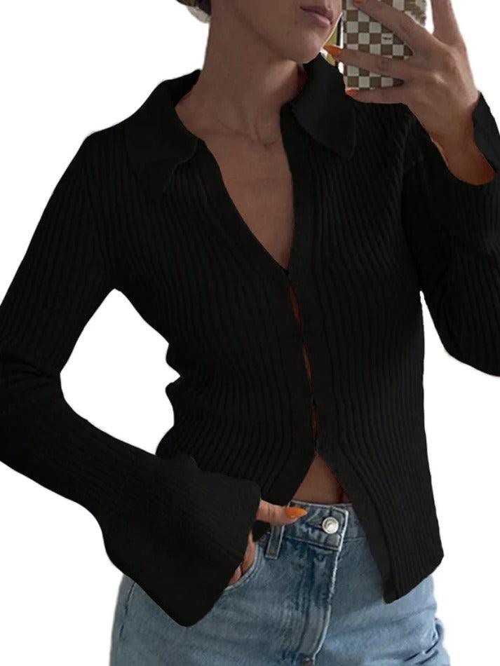 Solid Rib V Neck Flare Sleeve Cardigan