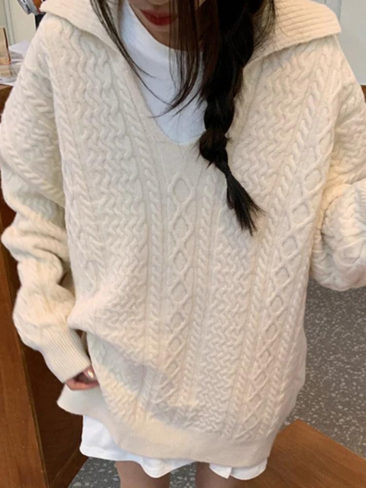 Solid V Neck Cable Knit Sweater