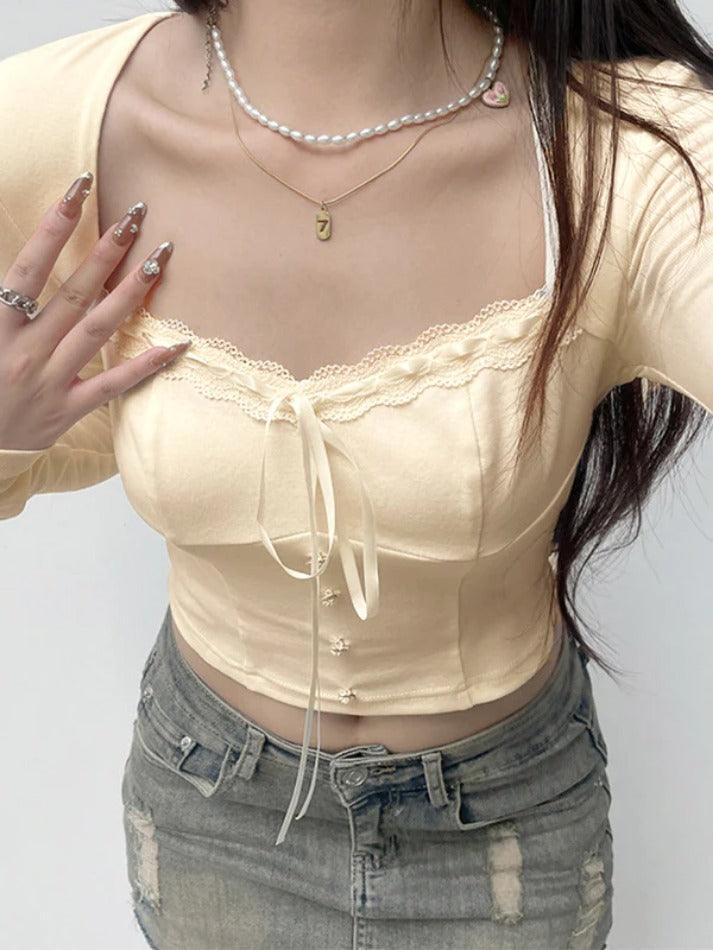 Square Neck Lace Splice Tie Front Long Sleeve Tee