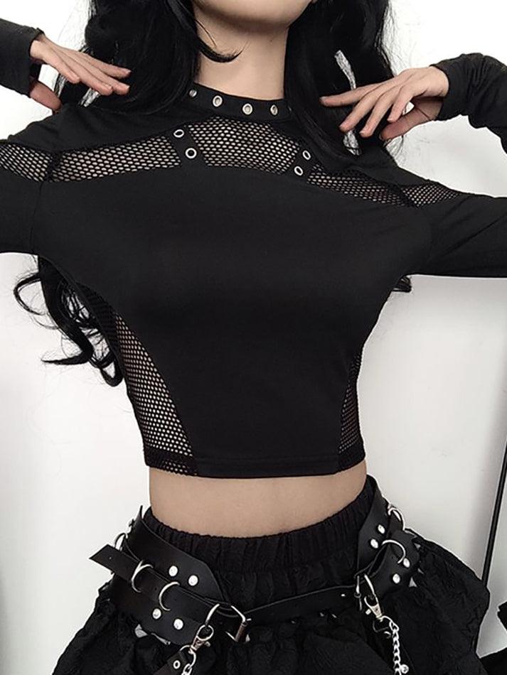 Long Sleeve Mesh Panel Plain Crop Top