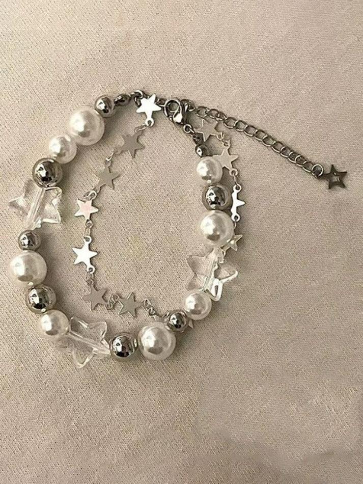 Double Layered Faux Pearl Star Charm Bracelet