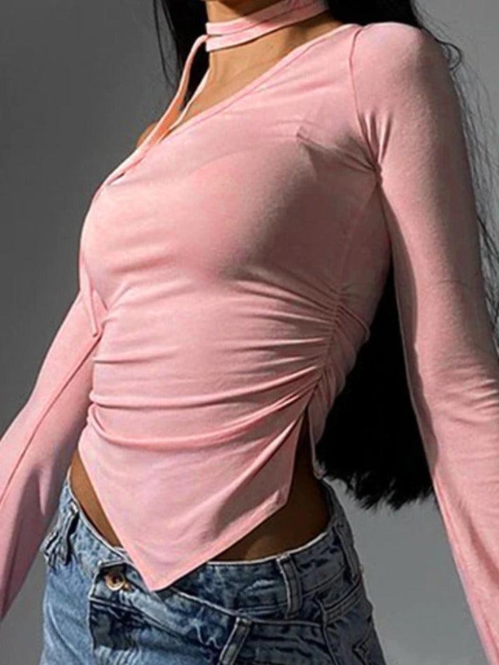 Solid Slanted Neck Ruched Irregular Hem Long Sleeve Tee