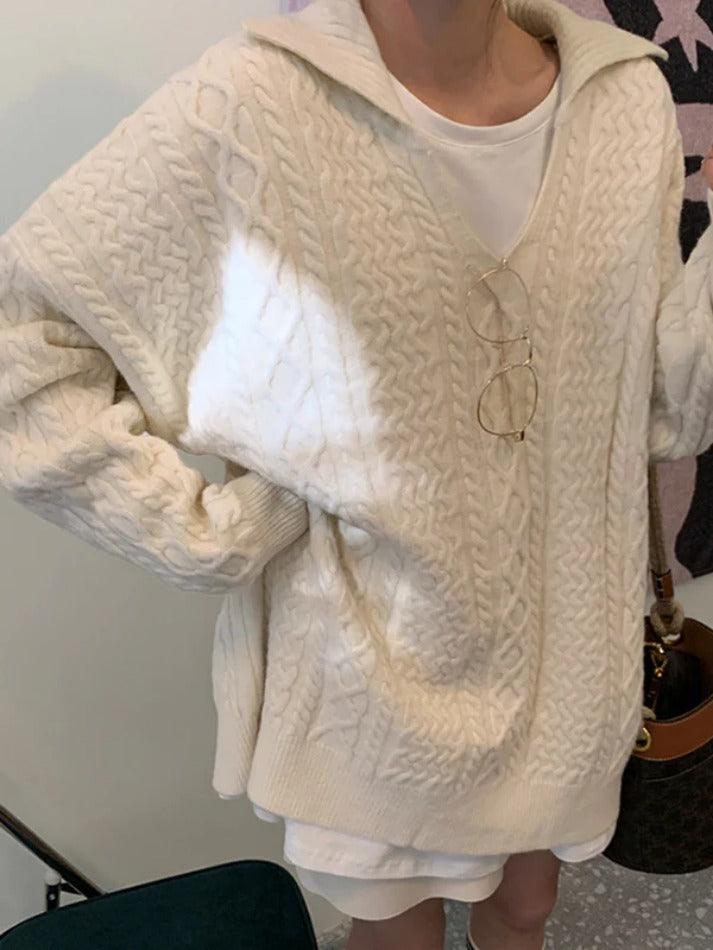 Solid V Neck Cable Knit Sweater