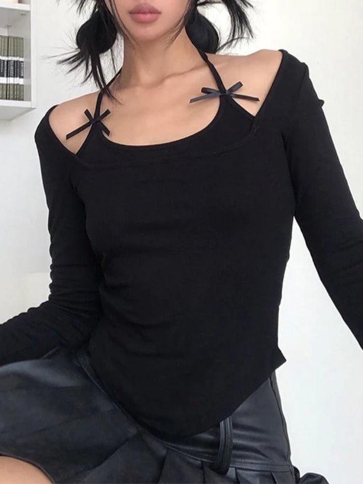 Solid Halter Bow Decor Long Sleeve Tee