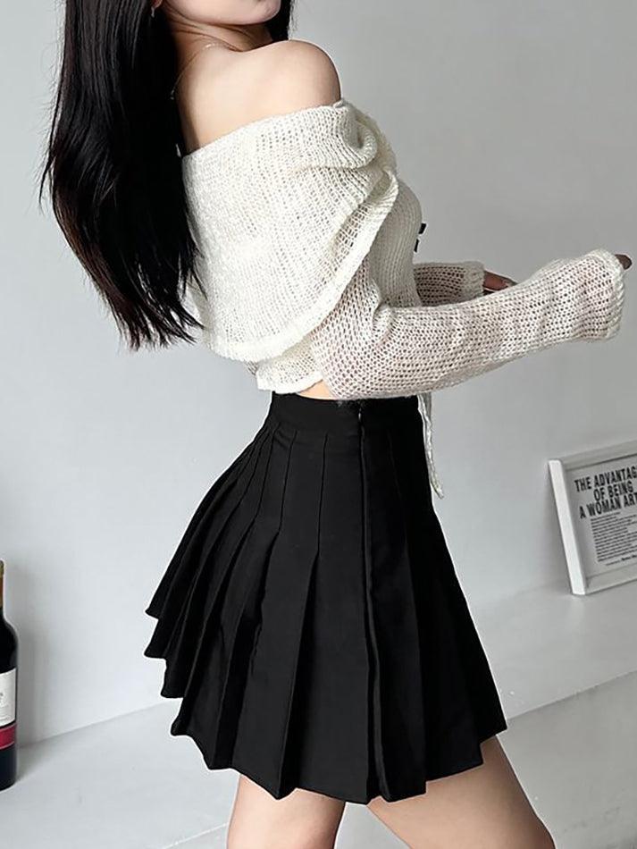 Long-Sleeve Off-Shoulder Plain Asymmetrical Bow Crop Knit Top