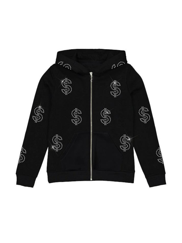 Rhinestone Print Zip Up Oversized Hoodie