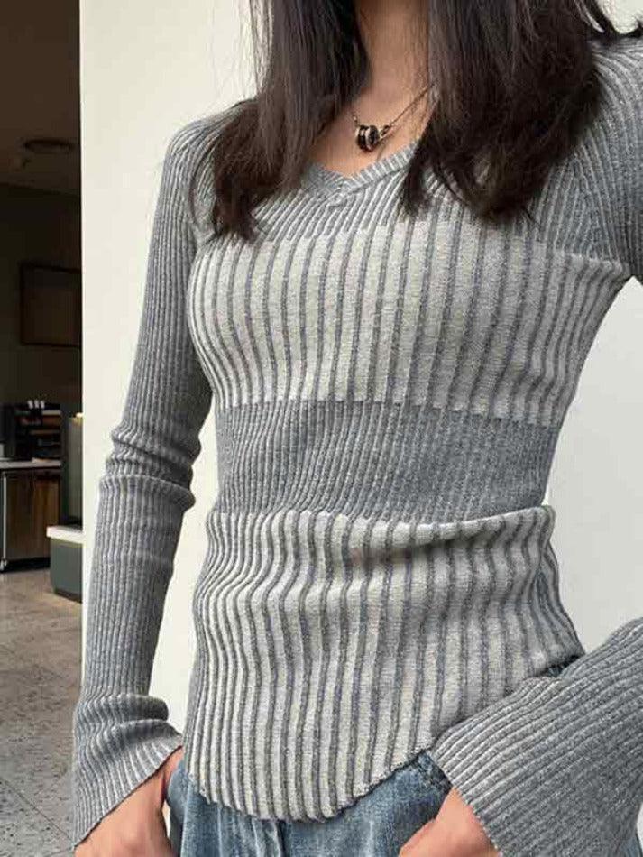 Ribbed Patchwork V Neck Slim Long Sleeve Knit