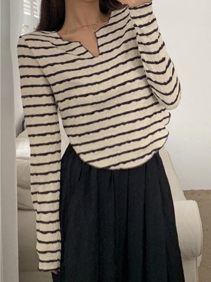 Textured Stripe V Neck Irregular Hem Long Sleeve Tee