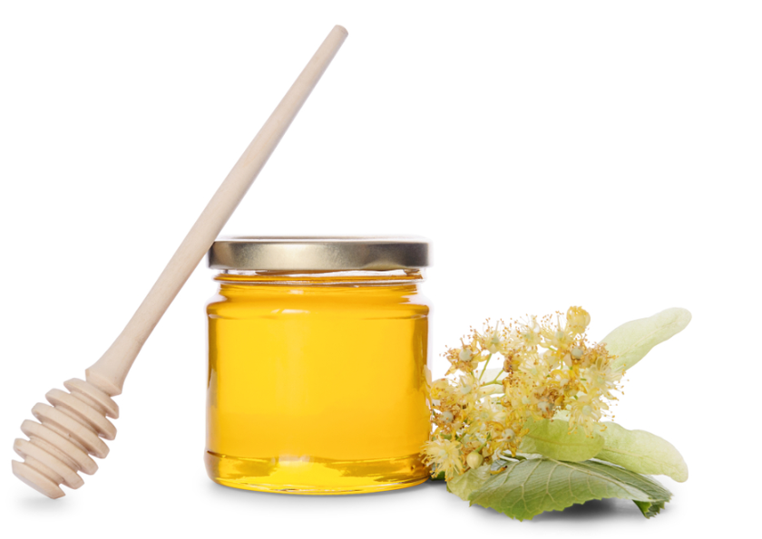 A honey jar with a linden flower on the right and a honey dipper on the left