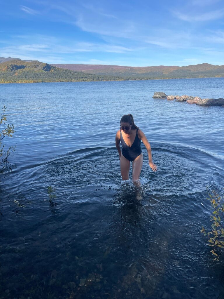 Swimming in a lake in Swedish Lapland