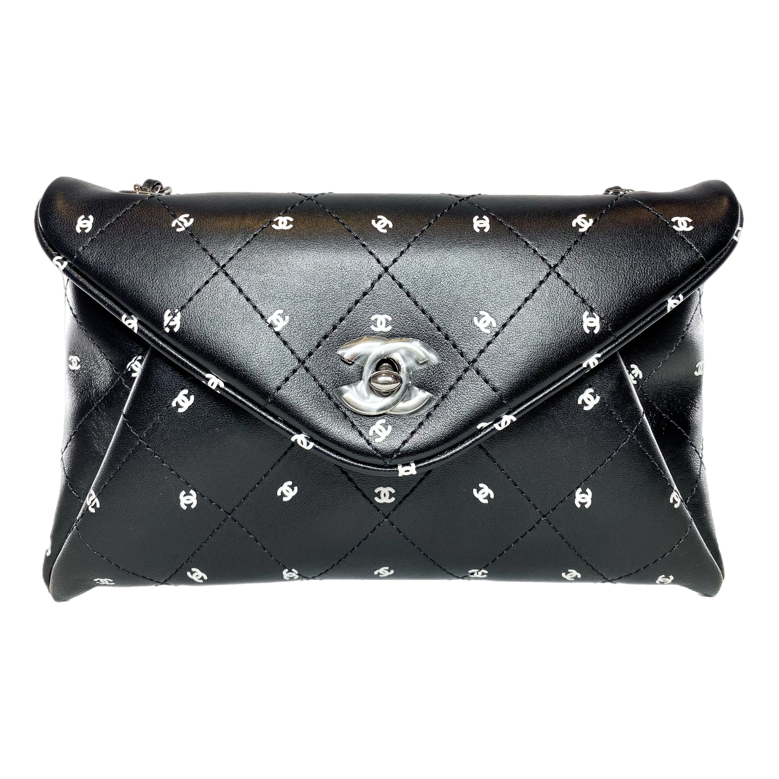 Image of Chanel Black Printed Logo CC Envelope Clutch with Chain