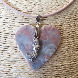 Mermaid Heart rose pink and blue porcelain Pendant Necklace