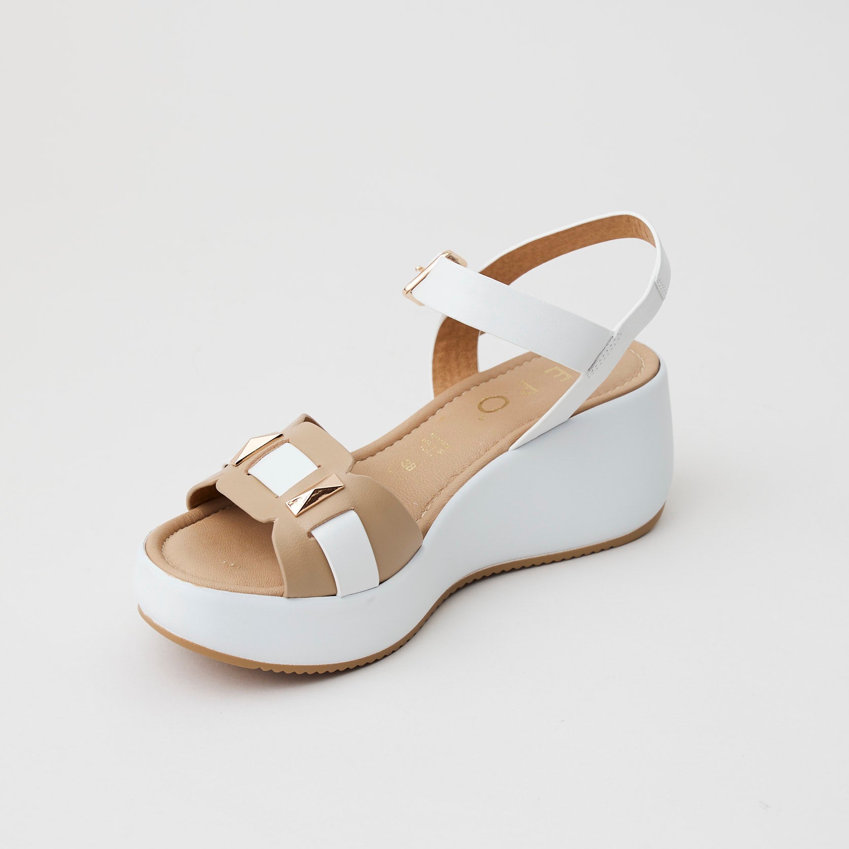 Repo White/Tan Leather Medium Wedge Sandals | Shop online @ Nozomi