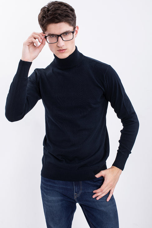 Navy Solid Rib-Knit Turtle Neck Sweater