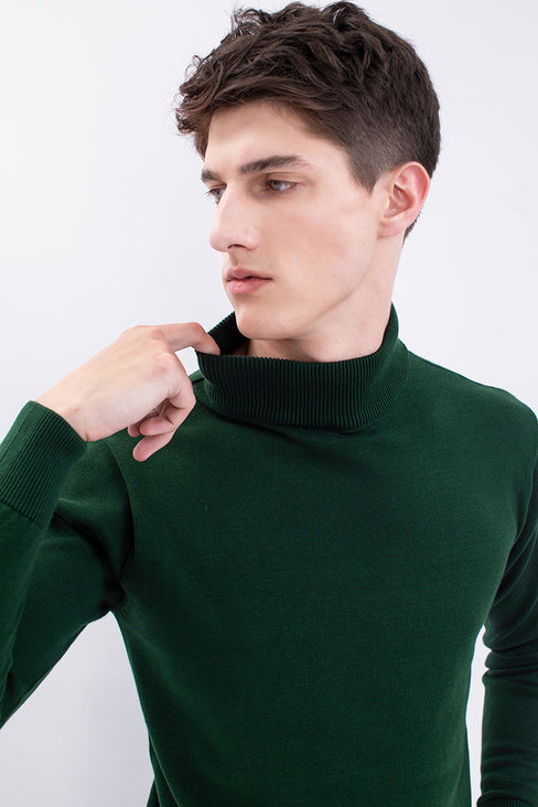 Green Solid Rib-Knit Turtle Neck Sweater