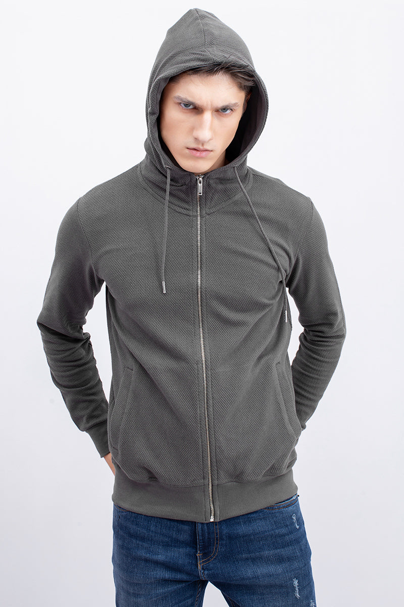 Grey Cotton Stretch Popcorn Knitted Hoodie Jacket - SNITCH